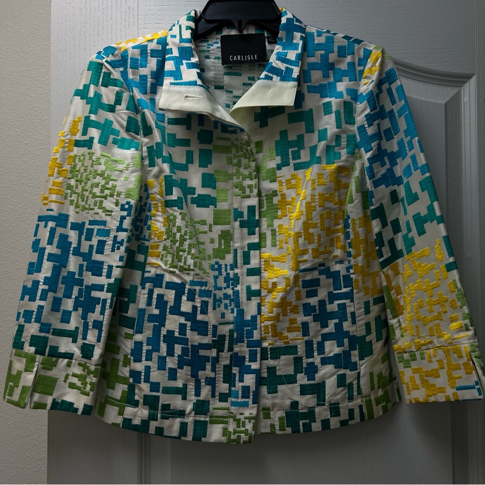 CARLISLE Multicolor Geometric Print Silk Cropped Jacket Button Blazer Sz 6